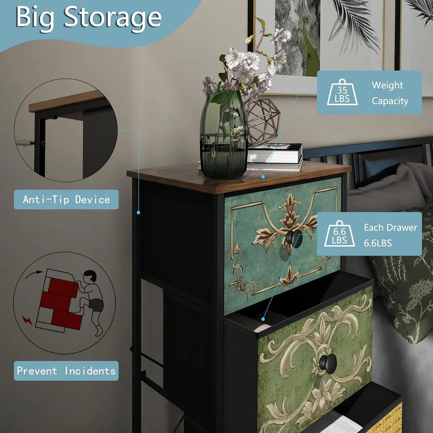 Galaxhero Modern Metal Fabric Dresser With Narrow Drawers For Bedroom