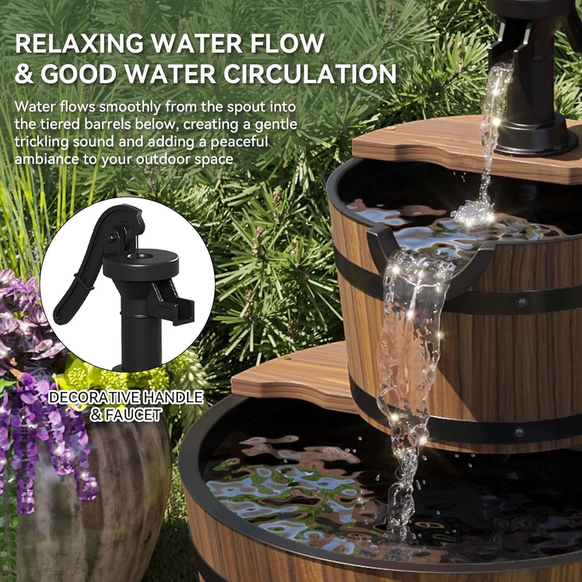 Nordivale Rustic Two Tier Wood Barrel Outdoor Electric Fountain