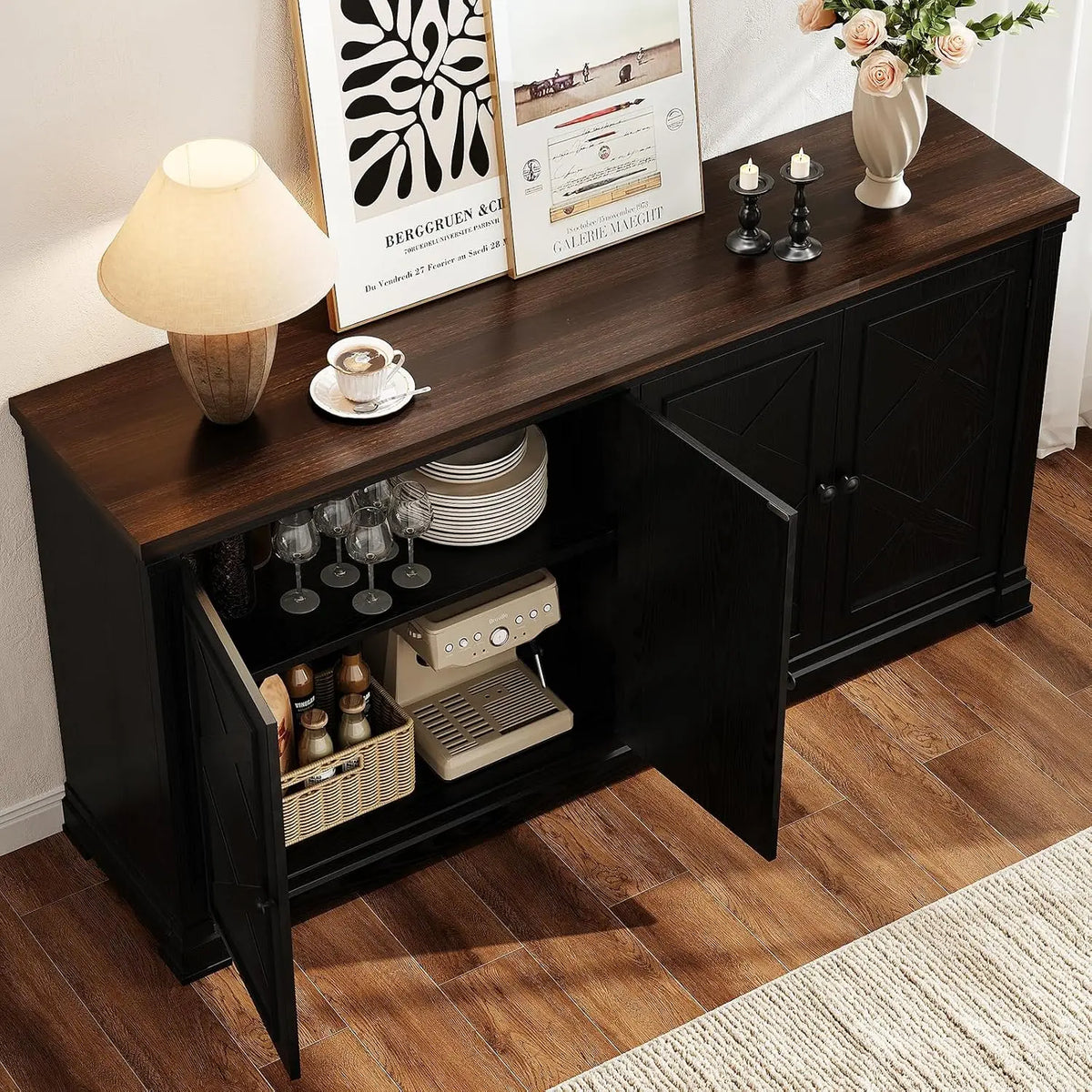ONBRILL Solid Wood Sideboard Buffet Cabinet With Barn Doors