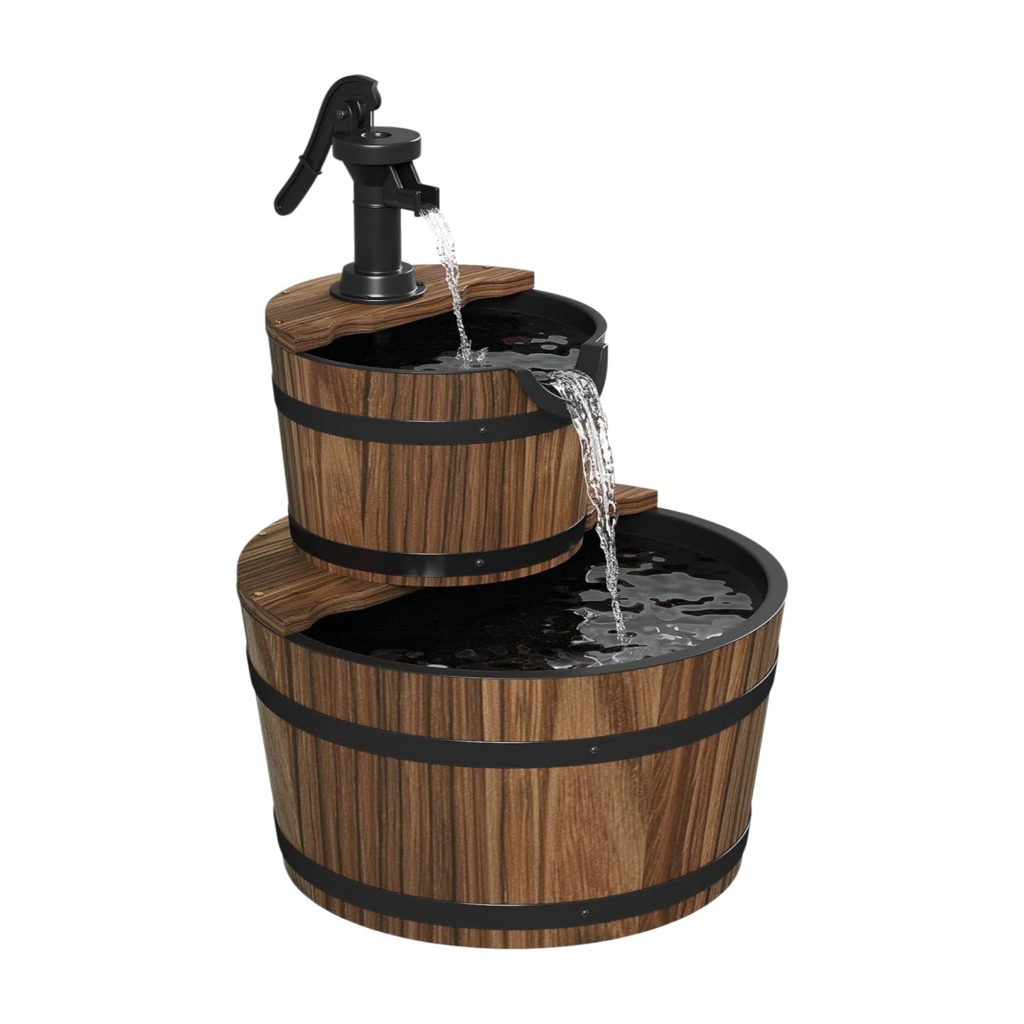 Nordivale Rustic Two Tier Wood Barrel Outdoor Electric Fountain