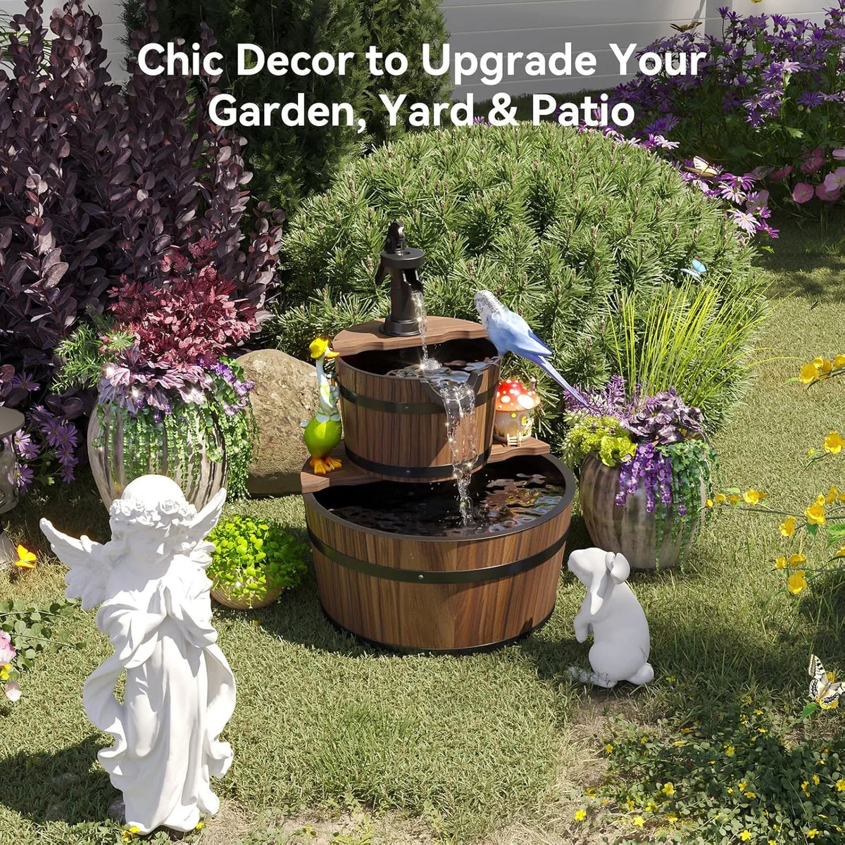 Nordivale Rustic Two Tier Wood Barrel Outdoor Electric Fountain