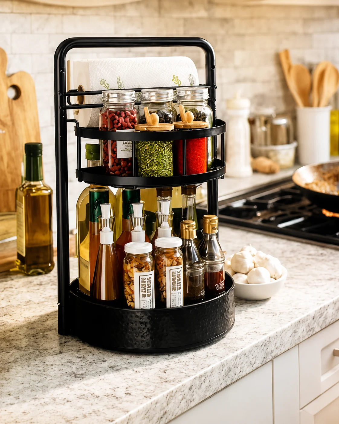 Rotating Two Tier Spice Rack Organizer With Paper Towel Holder
