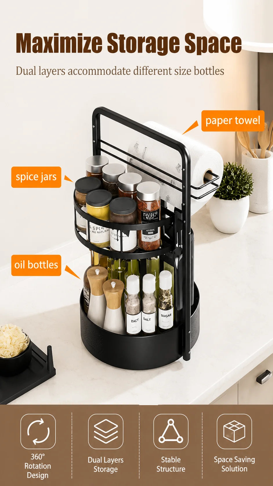 Rotating Two Tier Spice Rack Organizer With Paper Towel Holder