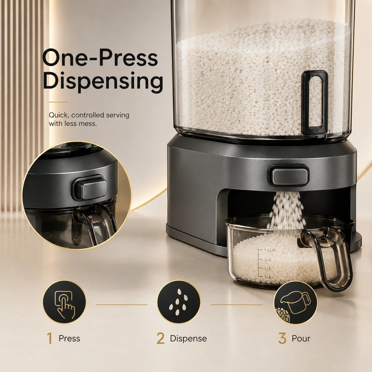 Onenoble One Button Press Rice Dispenser Storage Bin