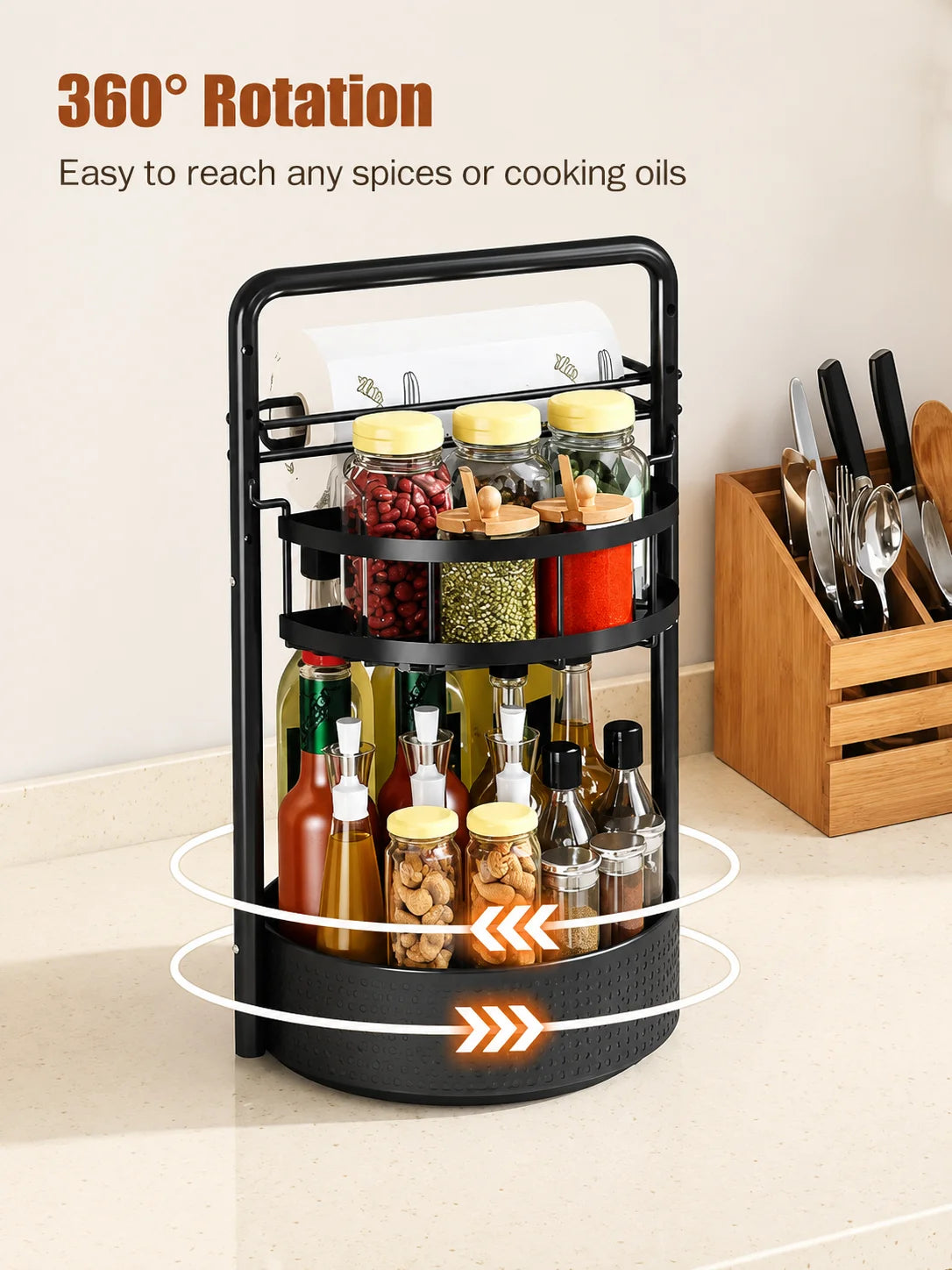 Rotating Two Tier Spice Rack Organizer With Paper Towel Holder