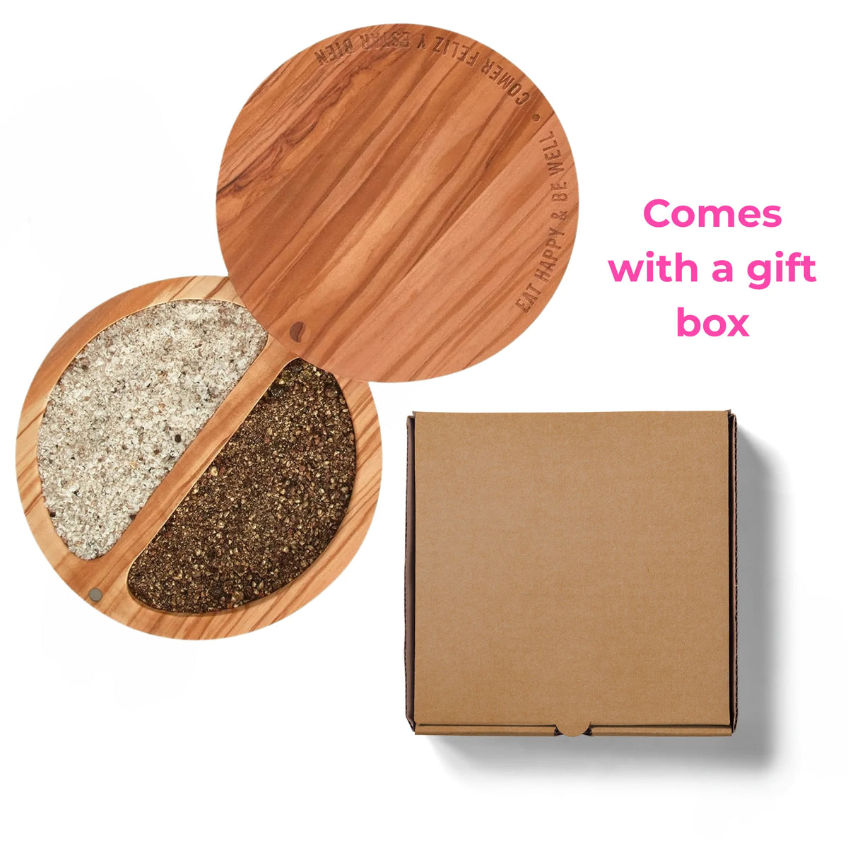 Olivewood Dual Compartment Salt Cellar With Rotating Magnetic Lid