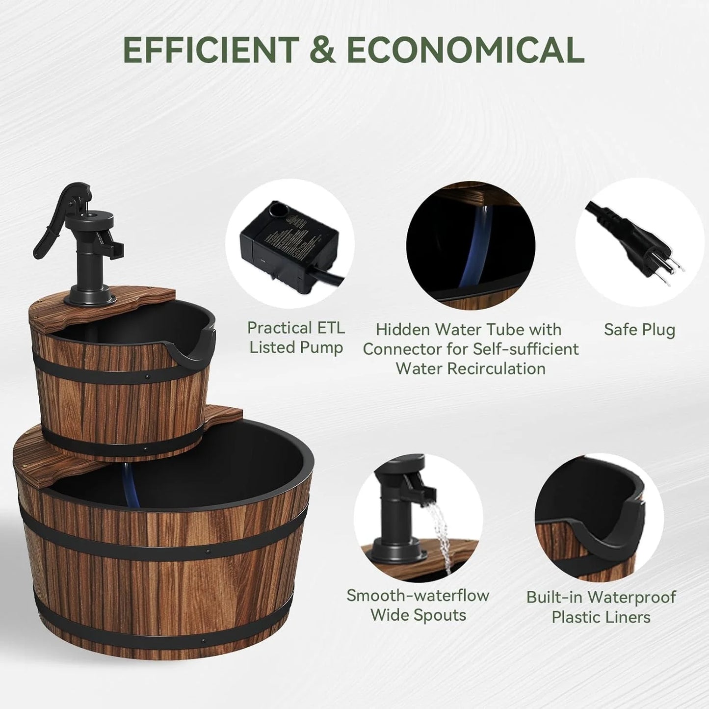 Nordivale Rustic Two Tier Wood Barrel Outdoor Electric Fountain