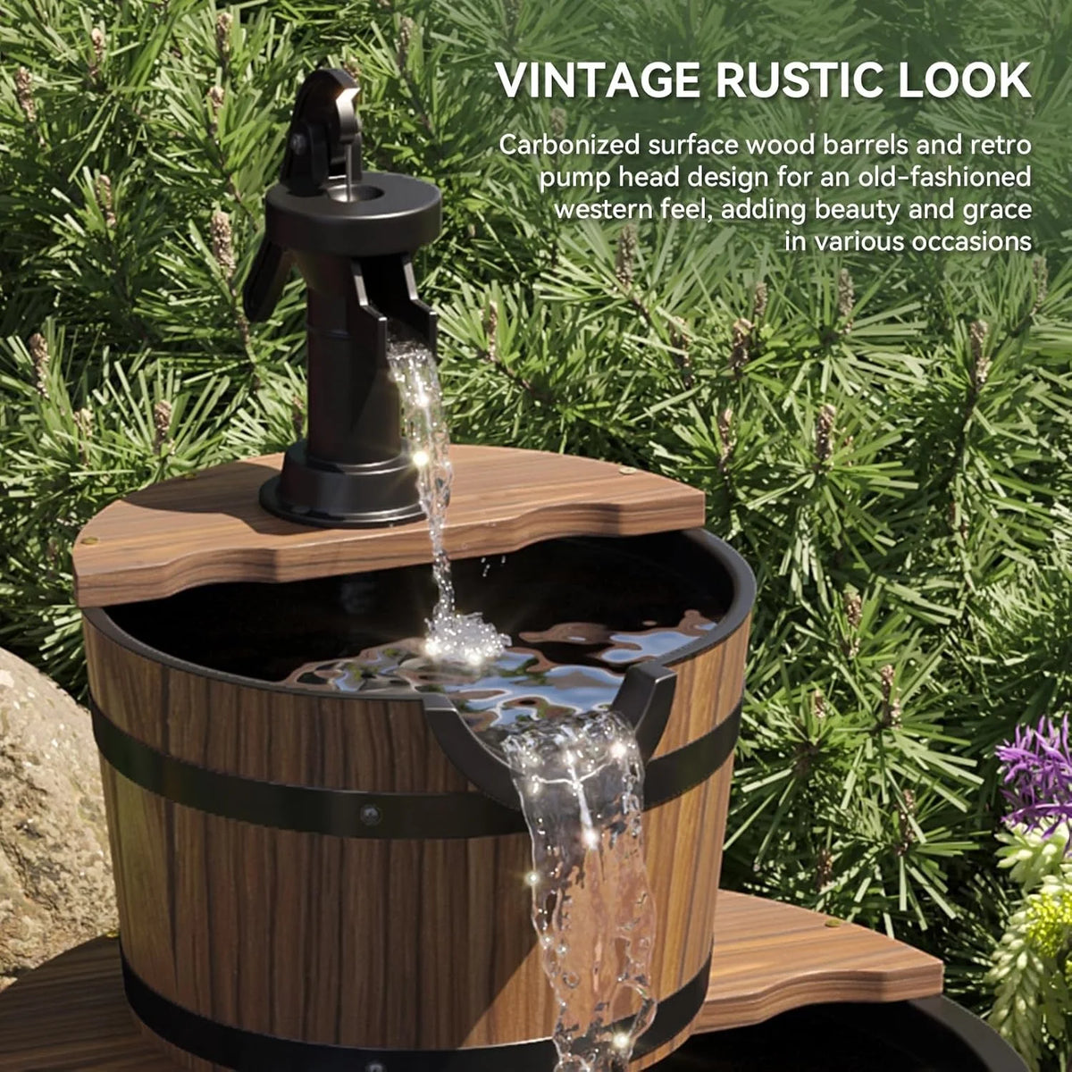 Nordivale Rustic Two Tier Wood Barrel Outdoor Electric Fountain