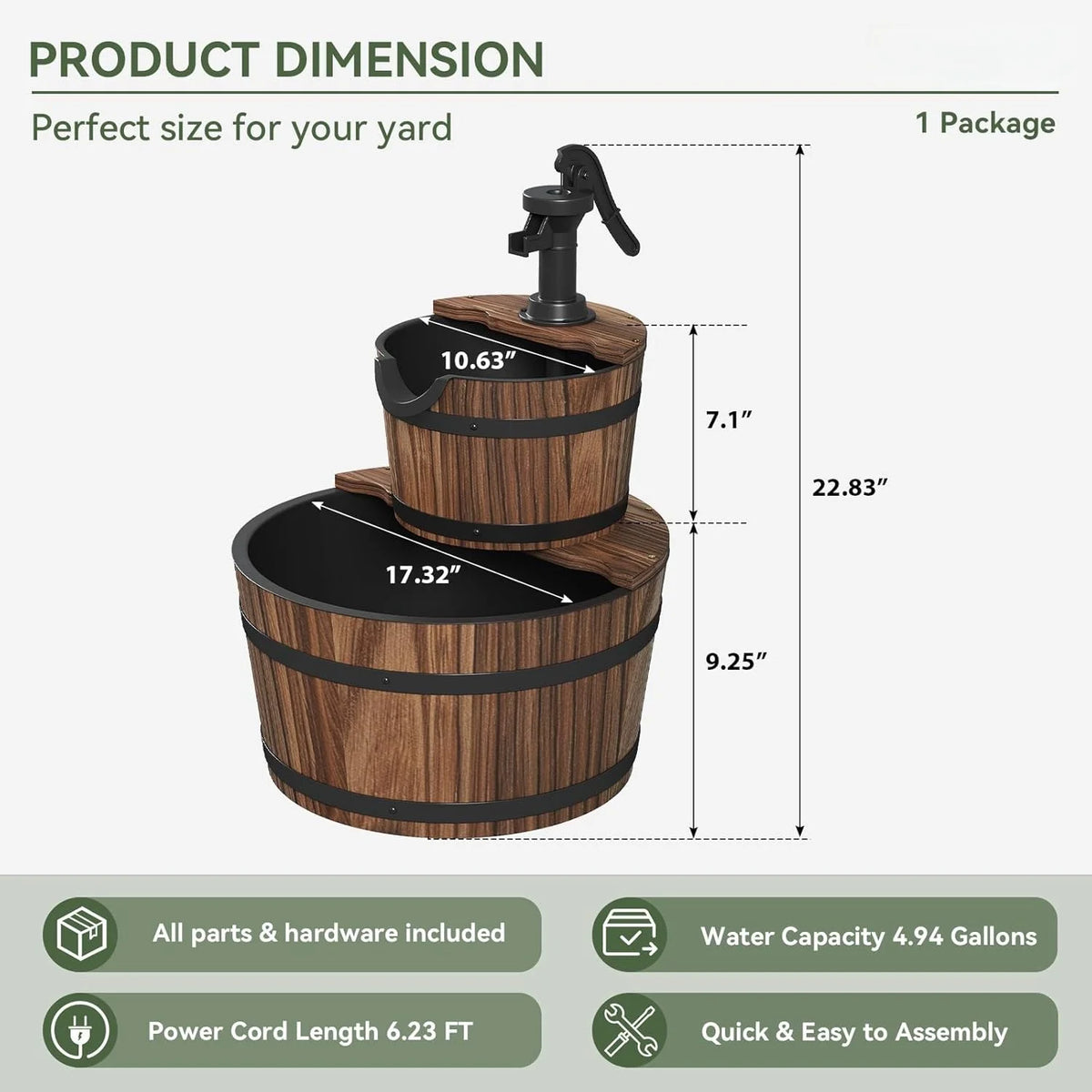 Nordivale Rustic Two Tier Wood Barrel Outdoor Electric Fountain