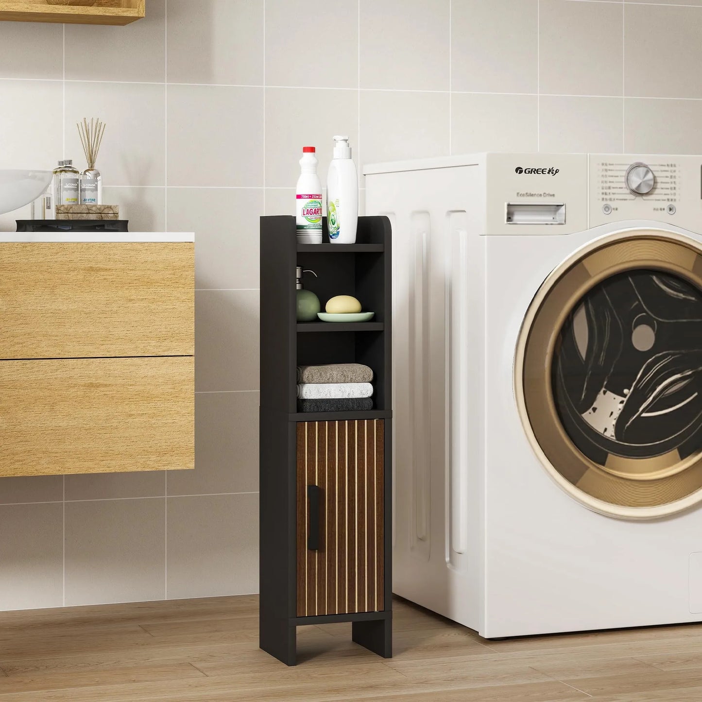 Wooden Corner Bathroom Storage Cabinet With Fluted Door And Adjustable Shelves