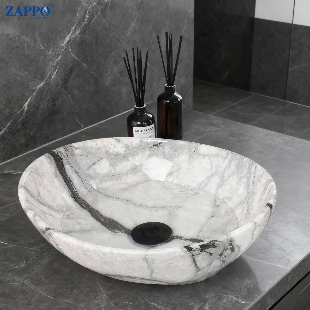 Mekkhala Ceramic Round Vessel Sink With Waterfall Faucet For Bathroom