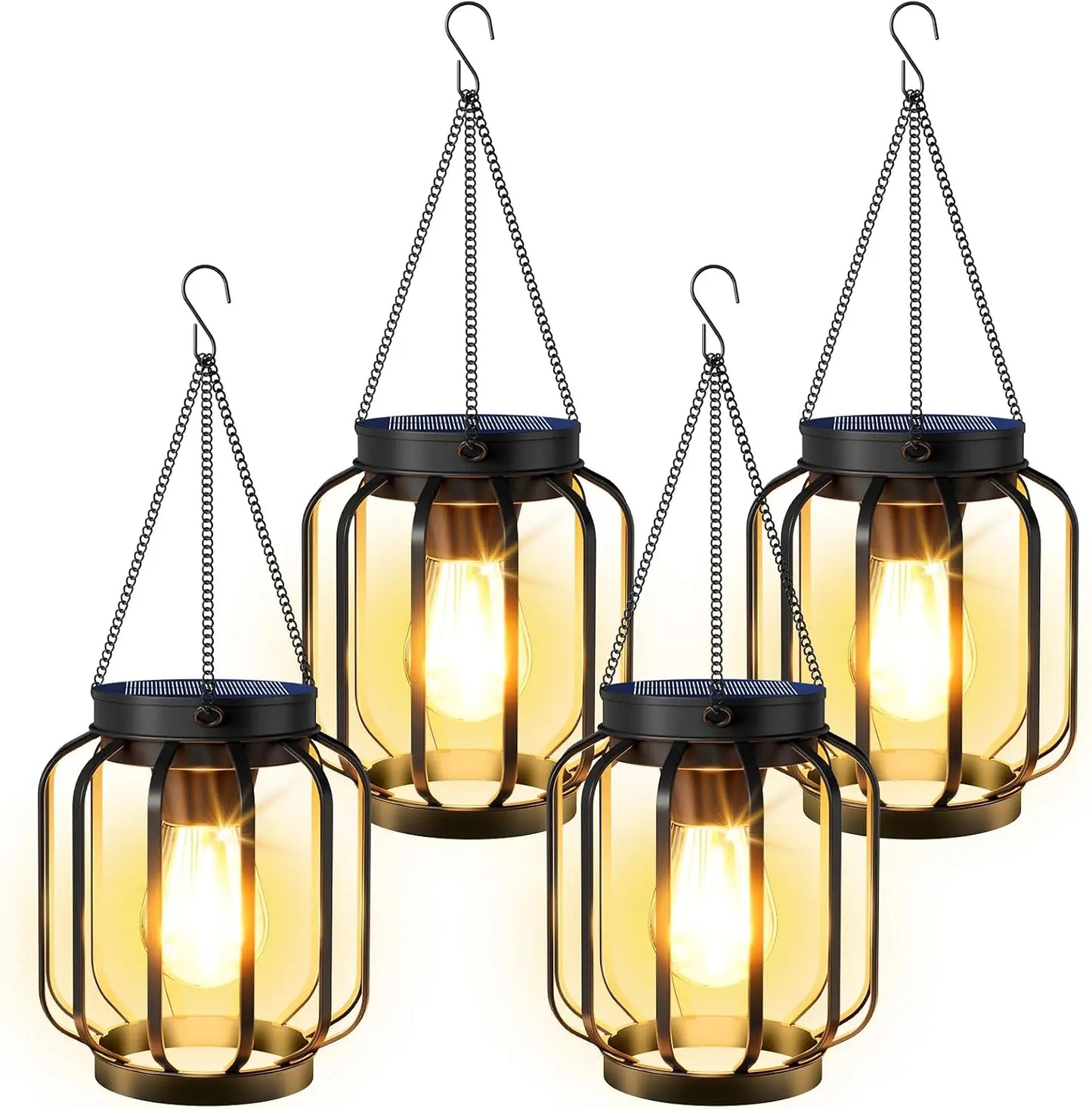 Waterproof Four Pack Outdoor Solar Lanterns With Auto Switch Hooks