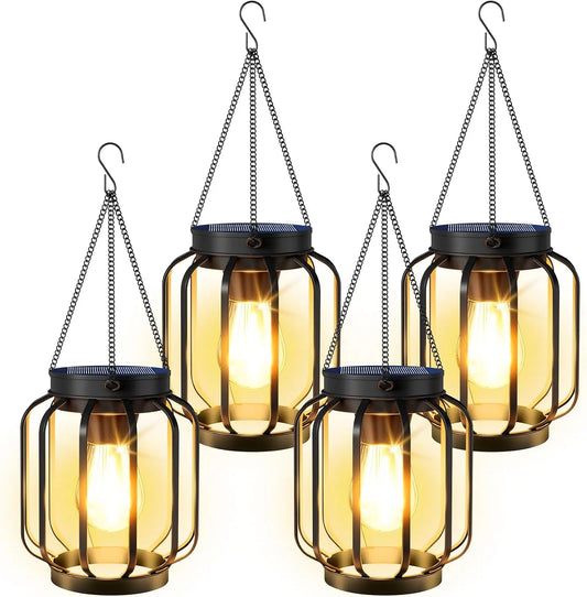 Waterproof Four Pack Outdoor Solar Lanterns With Auto Switch Hooks