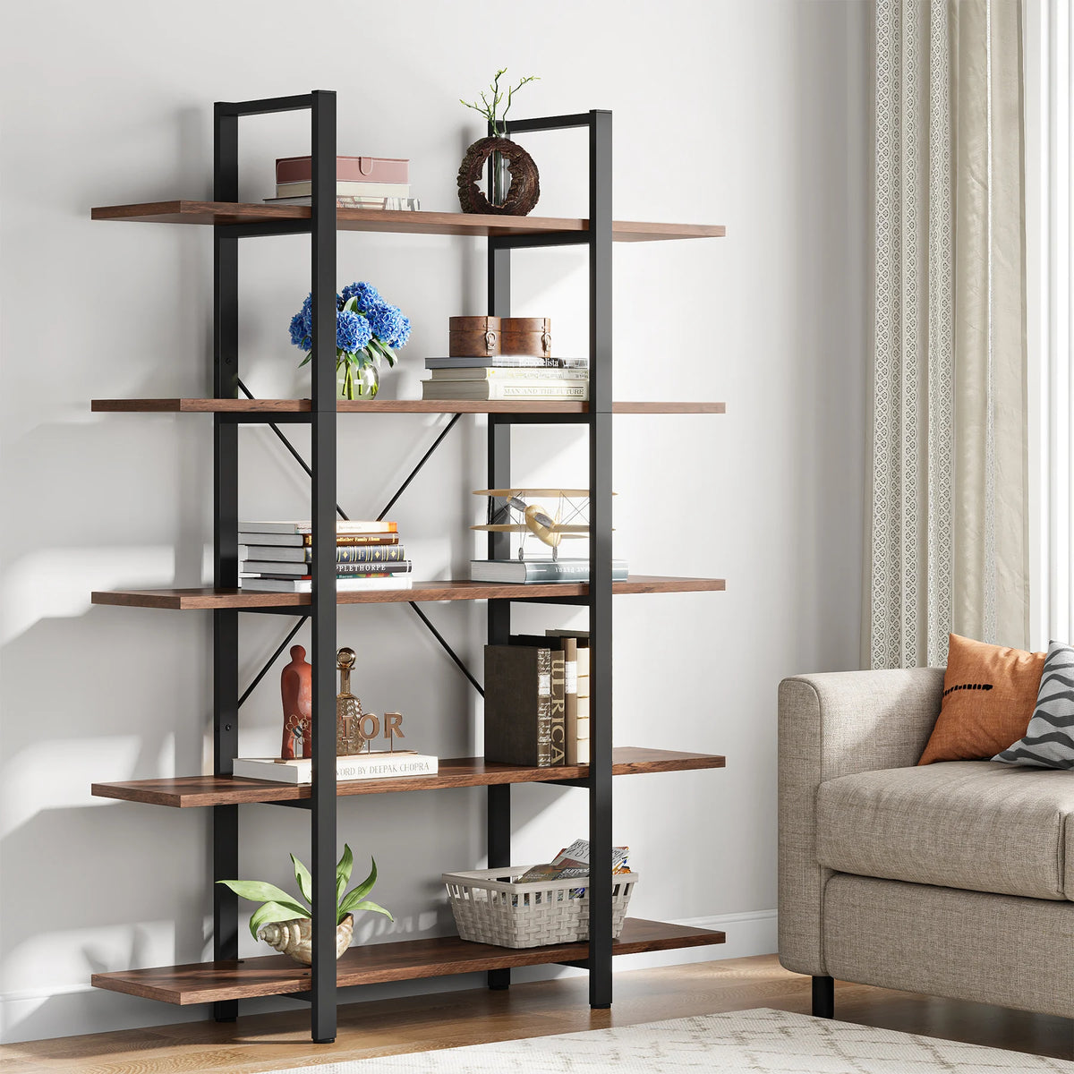 Tribesigns Five Tier Industrial Style Wooden Bookshelf Bookcase