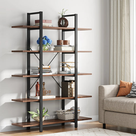 Tribesigns Five Tier Industrial Style Wooden Bookshelf Bookcase