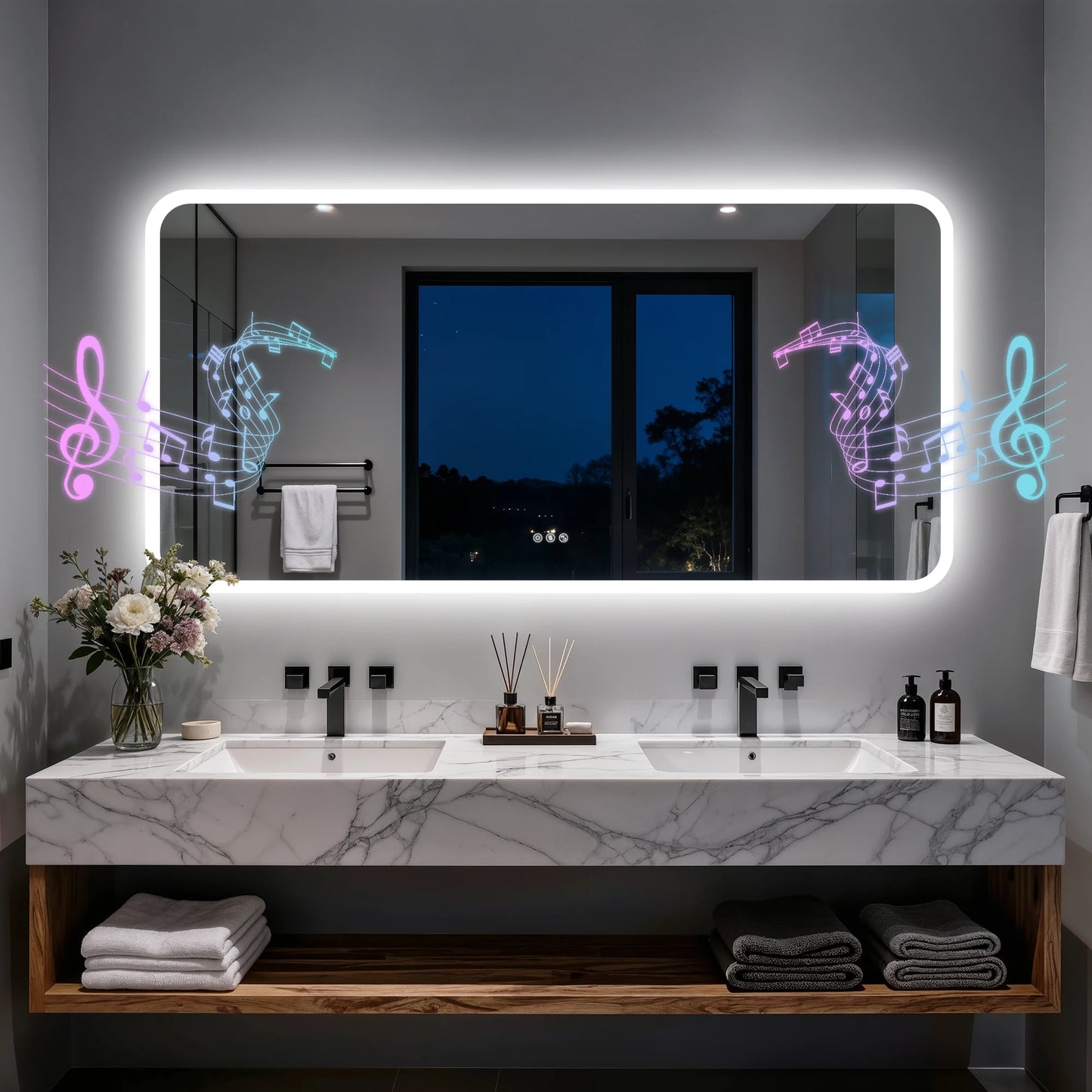 Smart LED Bathroom Mirror With Bluetooth Speakers And Dimmable Lighting