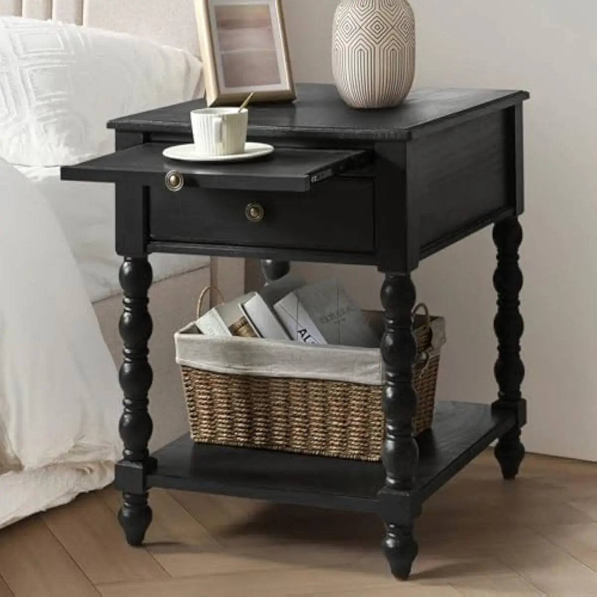 Modern Spindle End Table Set With Power Outlet And Drawer