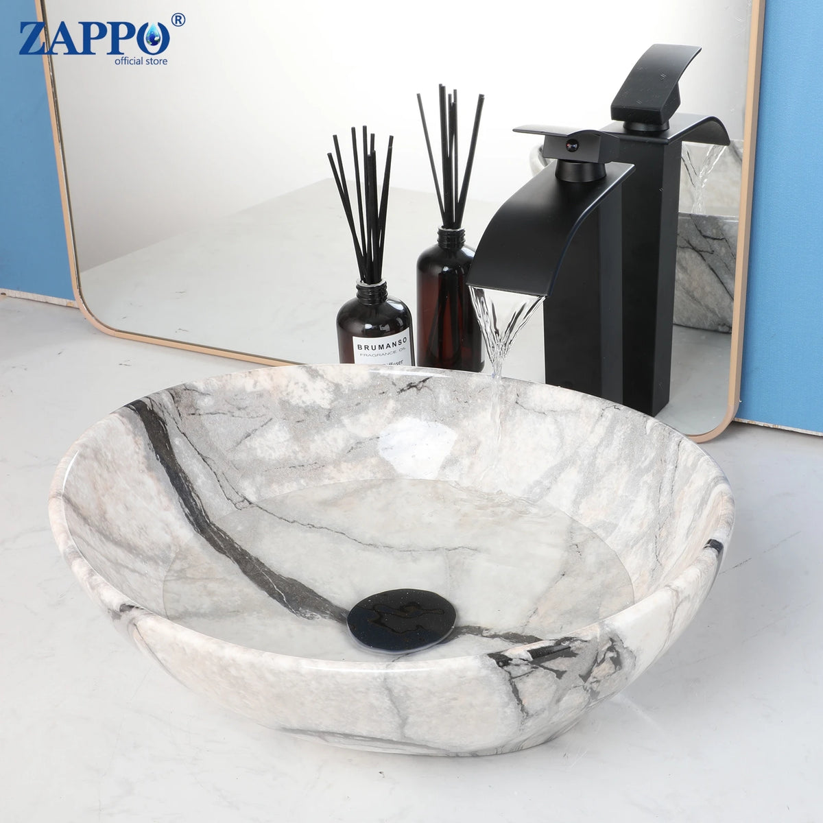 MEKKHALA Round Ceramic Vessel Sink Set Antique Brass Waterfall Faucet