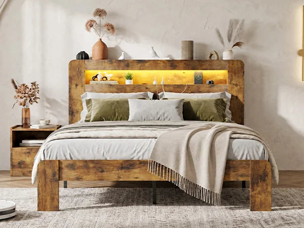 Platform Bed With Storage Headboard, Charging Station And LED Lights