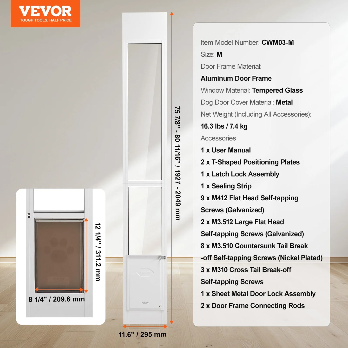 Adjustable Aluminum Frame Sliding Glass Pet Door System
