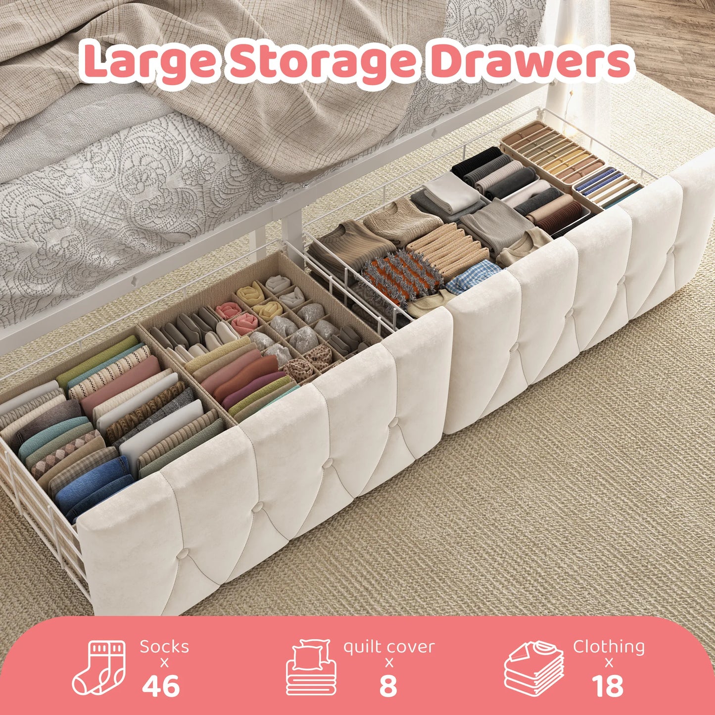 EnHomee Canopy Bed With LED Lights Charging Station Two Drawers