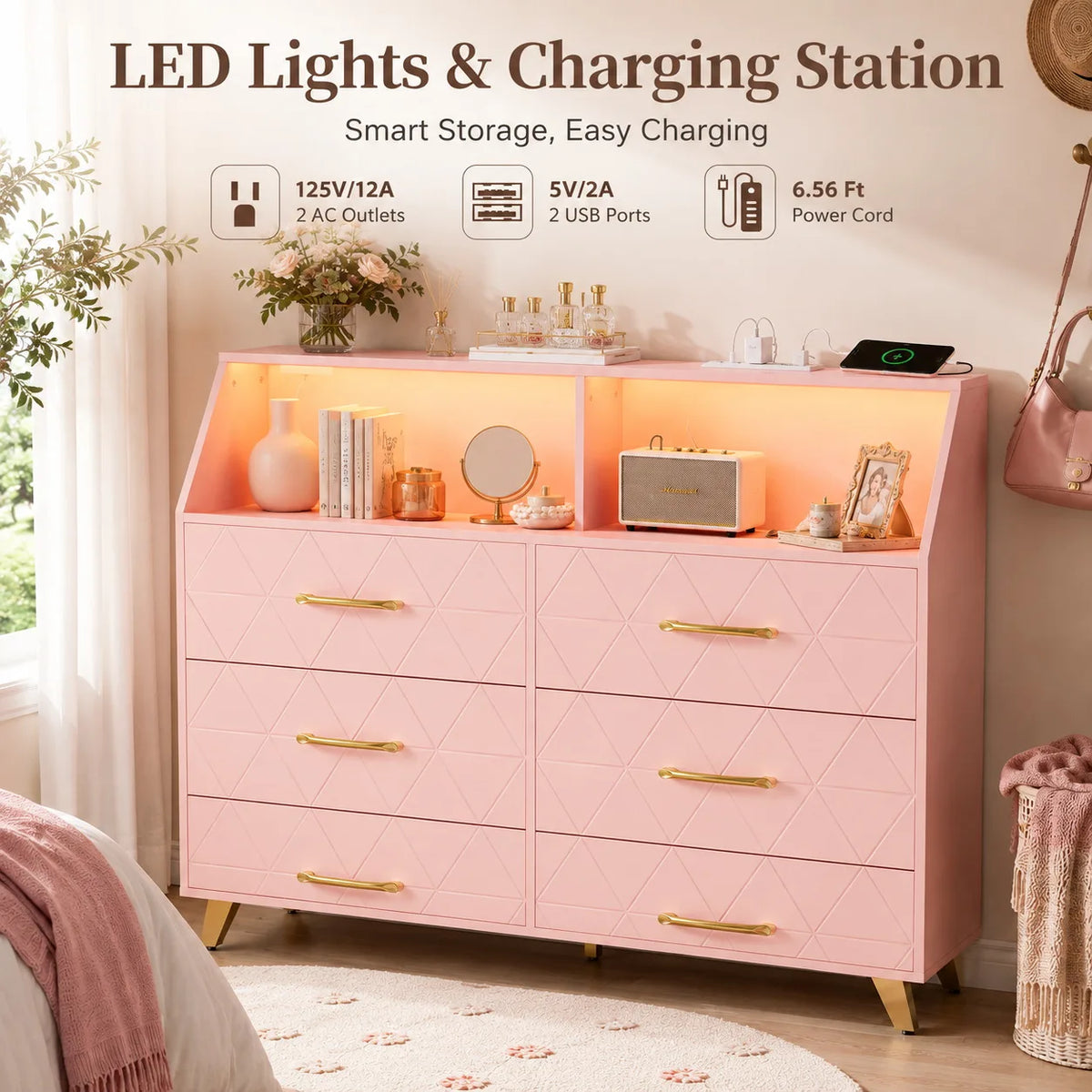 Modern Six Drawer Dresser With LED Lights And Charging Station