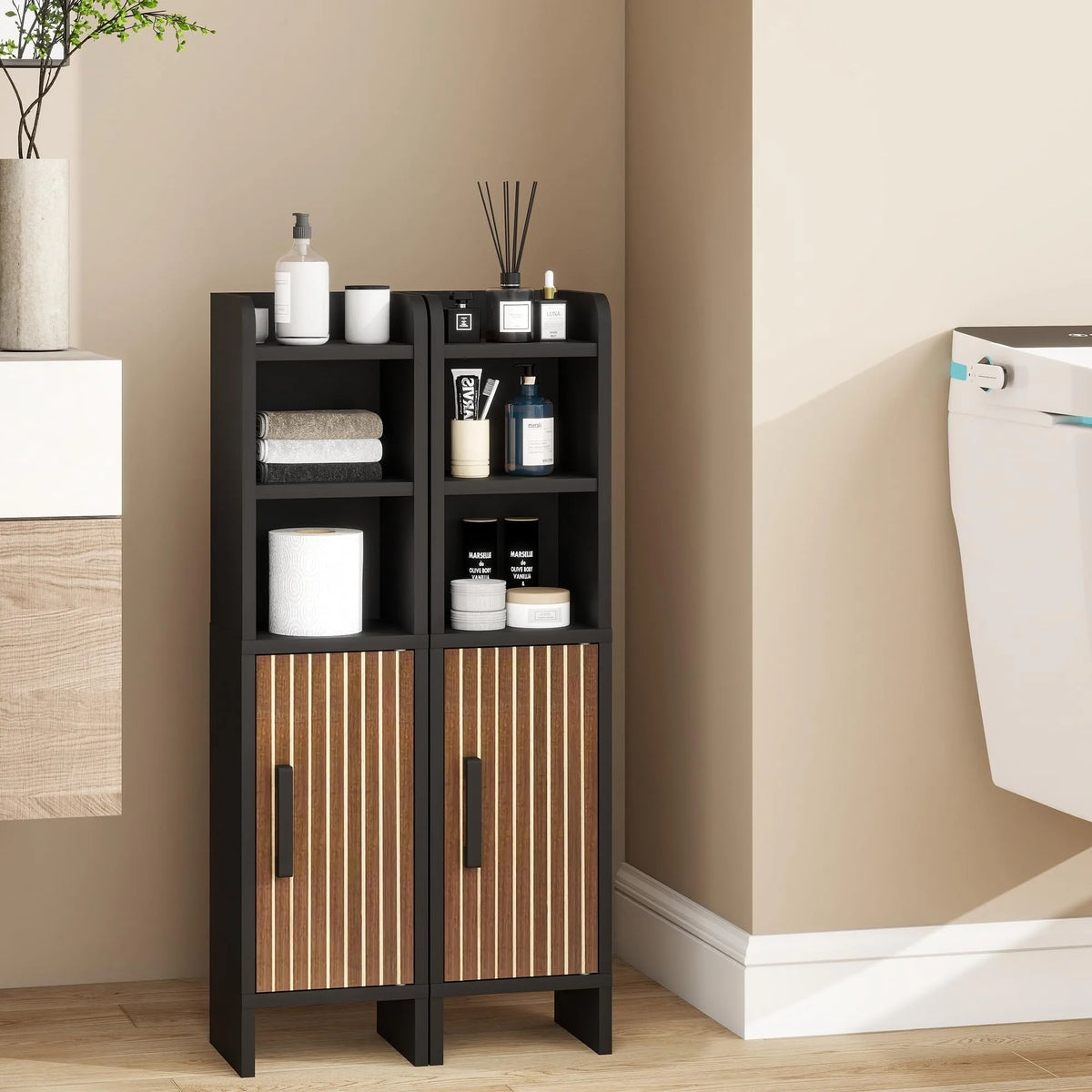 Wooden Corner Bathroom Storage Cabinet With Fluted Door And Adjustable Shelves