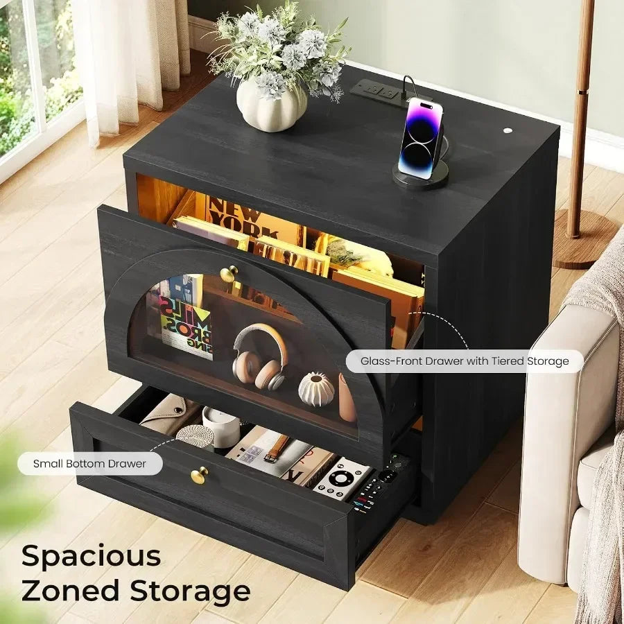 Modern Wood Nightstand With Charging Station, Lights And Arched Glass