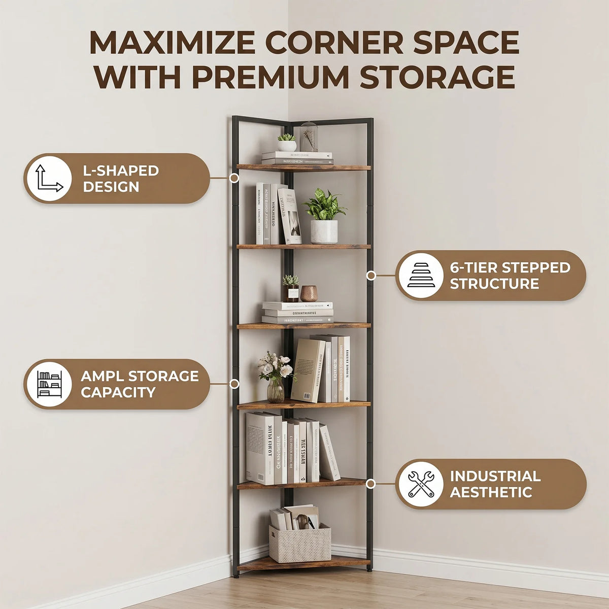 Retro Wooden Six Tier Corner Bookshelf With Steel Frame