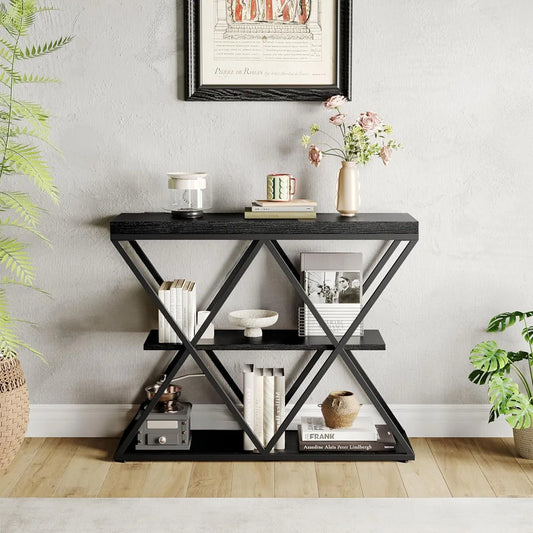 HiMISS Three Tier Farmhouse Console Table With Open Storage Shelves