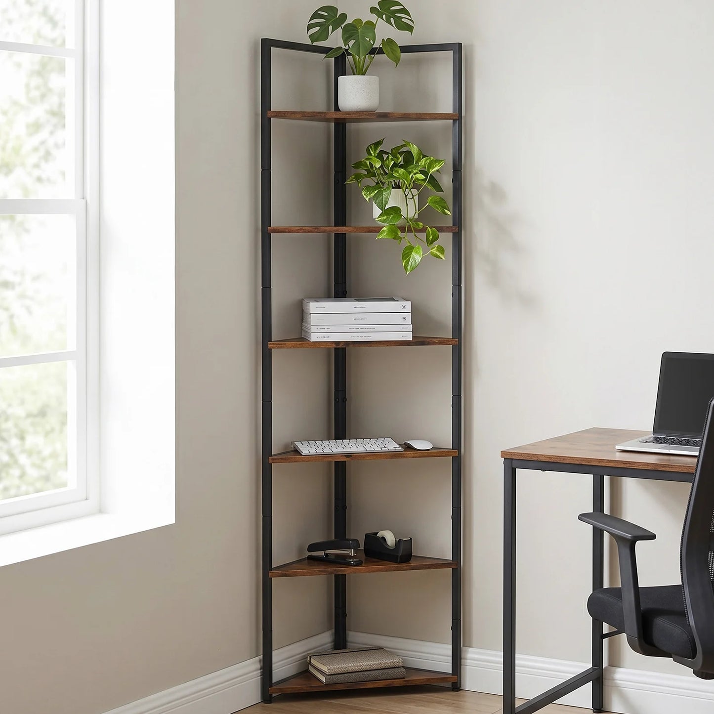 Retro Wooden Six Tier Corner Bookshelf With Steel Frame