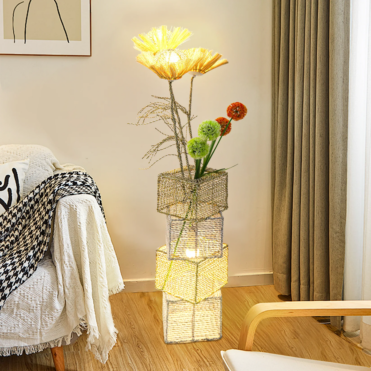 Modern Rattan Standing Floor Lamp With Dimmable Led Indoor Lighting