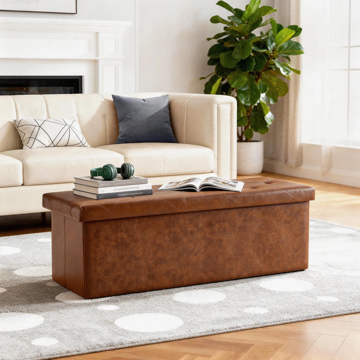 Folding Tufted Faux Leather Storage Bench With Hidden Compartment