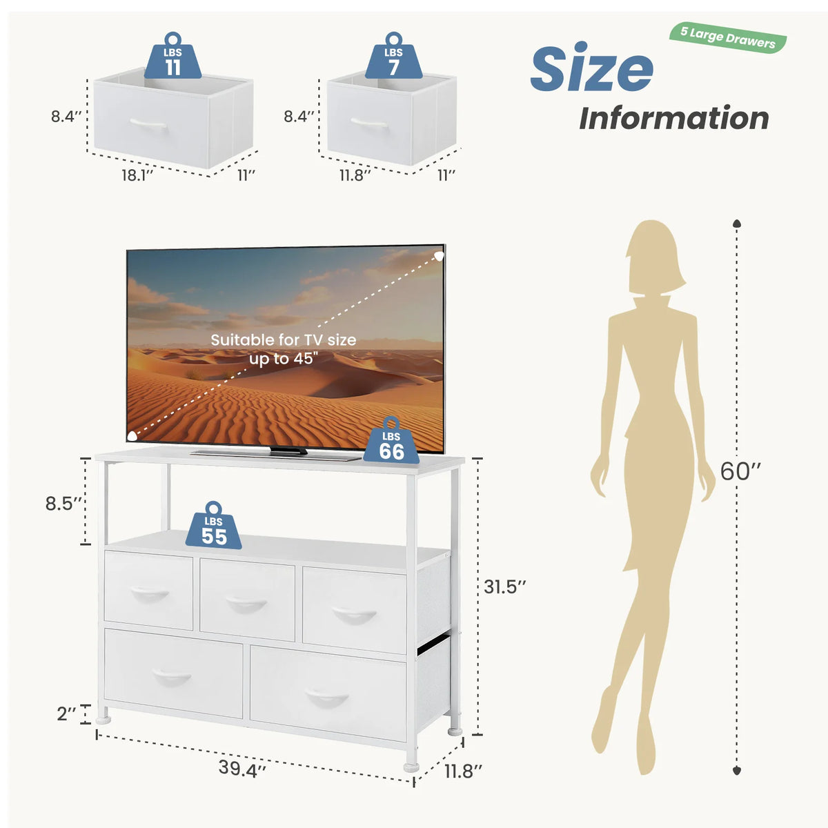 MCQ TV Stand With Fabric Drawers And Open Media Shelf