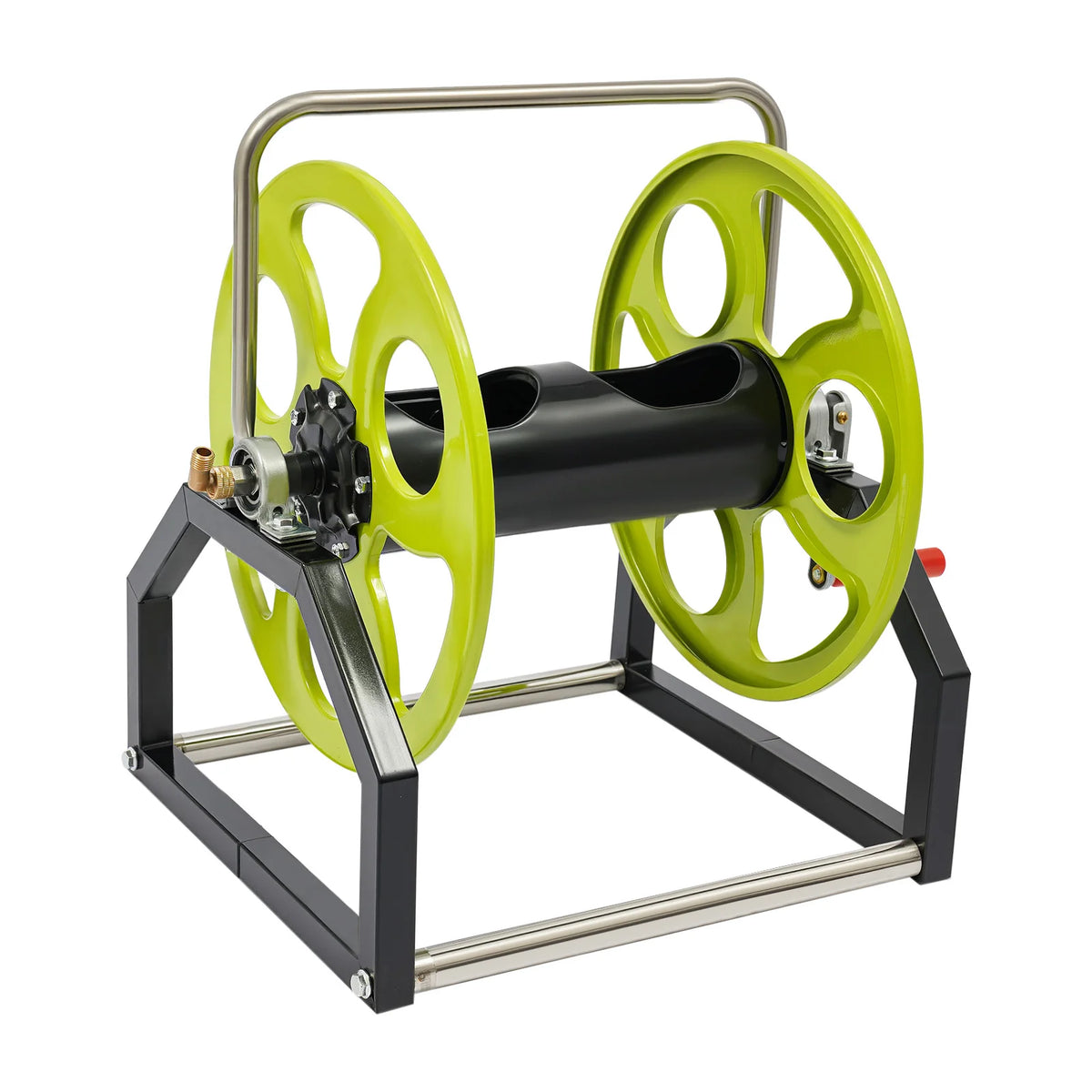 Metal Garden Hose Reel Featuring Crank Handle And Swivel Nozzle