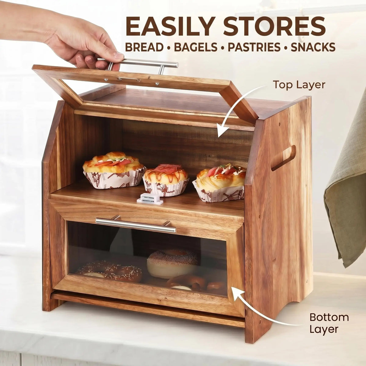 HiMISS Double Layer Acacia Wood Bread Box With Ventilated Storage