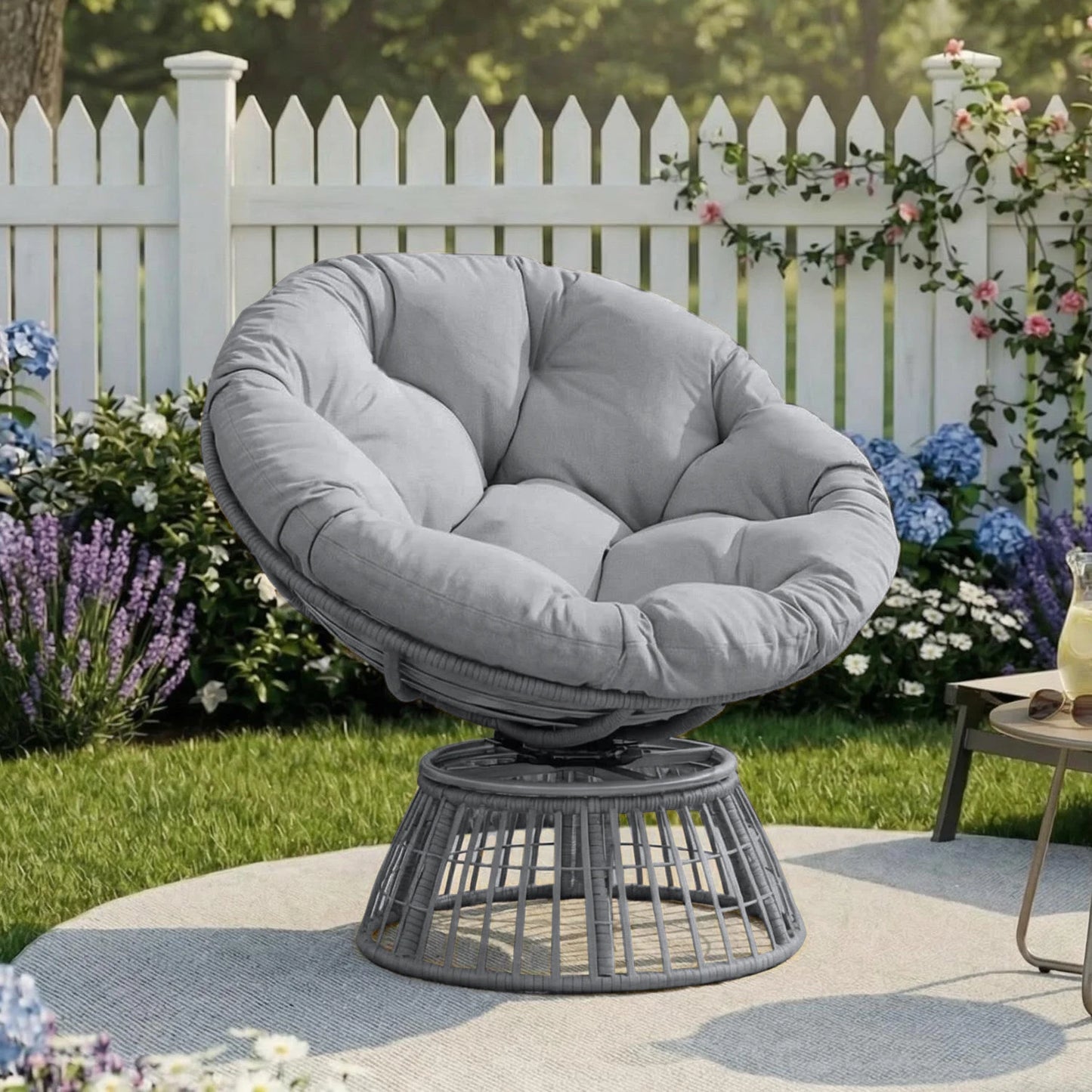 Swivel Outdoor Rattan Papasan Lounge Chair With Thick Cushion