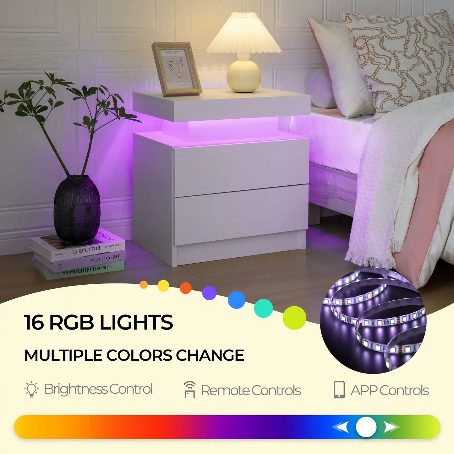 Cubehom Wooden Nightstand With Two Drawers And RGB Lighting Design