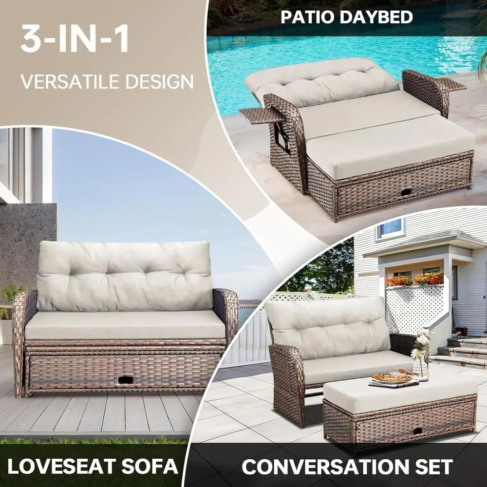 Outdoor Wicker Patio Daybed With Adjustable Reclining Back