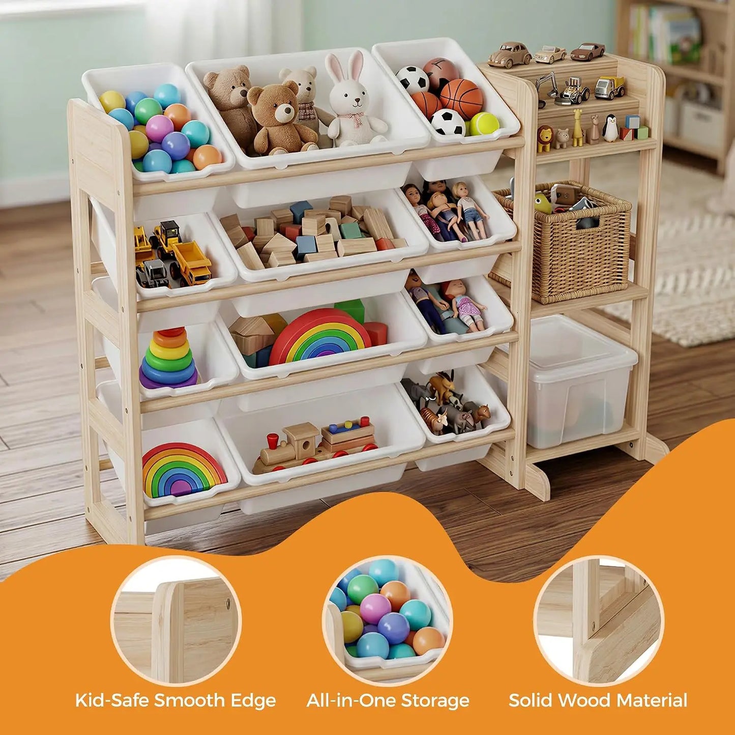 Tacleekii Toy Storage Shelf Featuring Plastic Bins And Wood Units