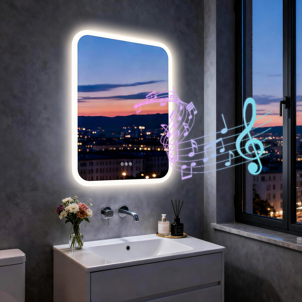 Smart LED Bathroom Mirror With Bluetooth Speakers And Dimmable Lighting