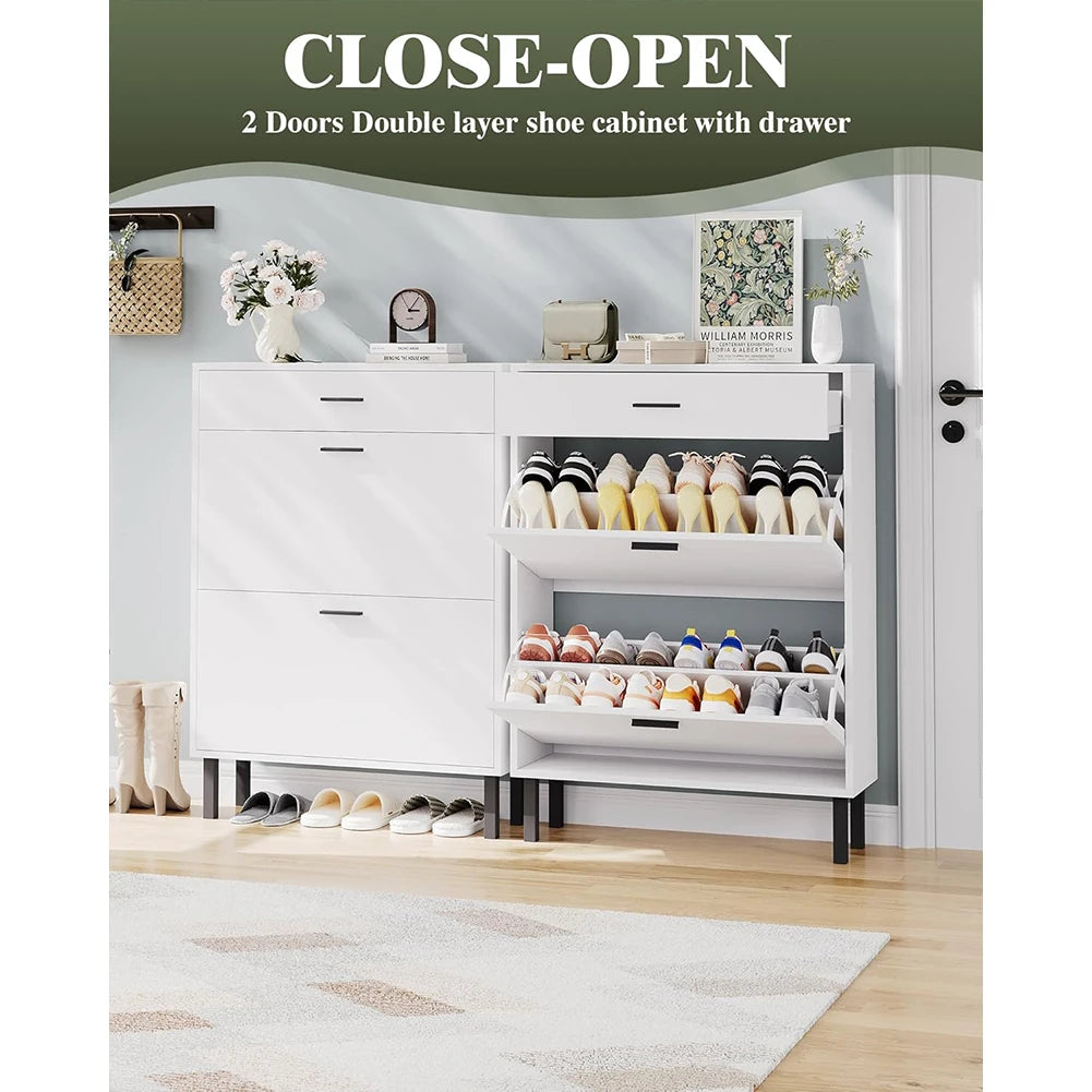 HiMISS Wood Shoe Cabinet With Dual Flip Drawers Entryway Organizer