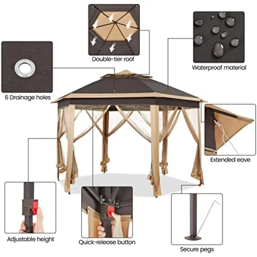 Hexagonal Pop Up Gazebo Outdoor Garden Sun Shade Canopy Tent
