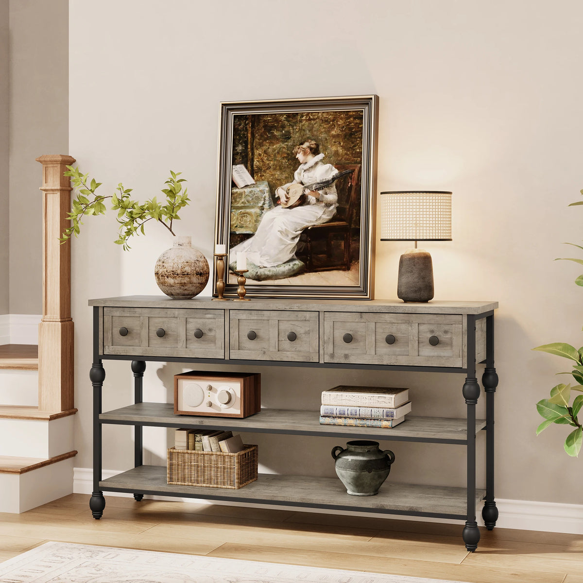 HiMISS Industrial Console Table With Drawers And Three Tier Shelves