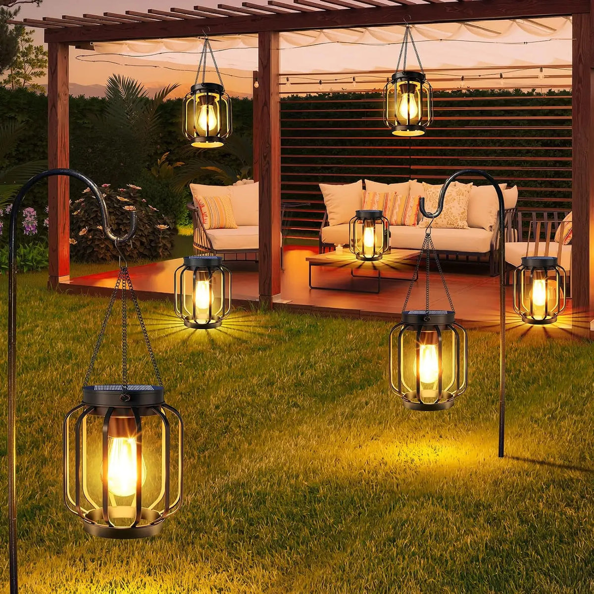 Waterproof Four Pack Outdoor Solar Lanterns With Auto Switch Hooks