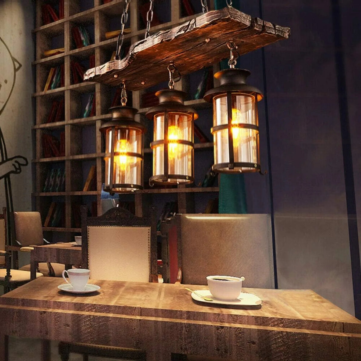 Three Light Wood And Glass Industrial Pendant Ceiling Lamp