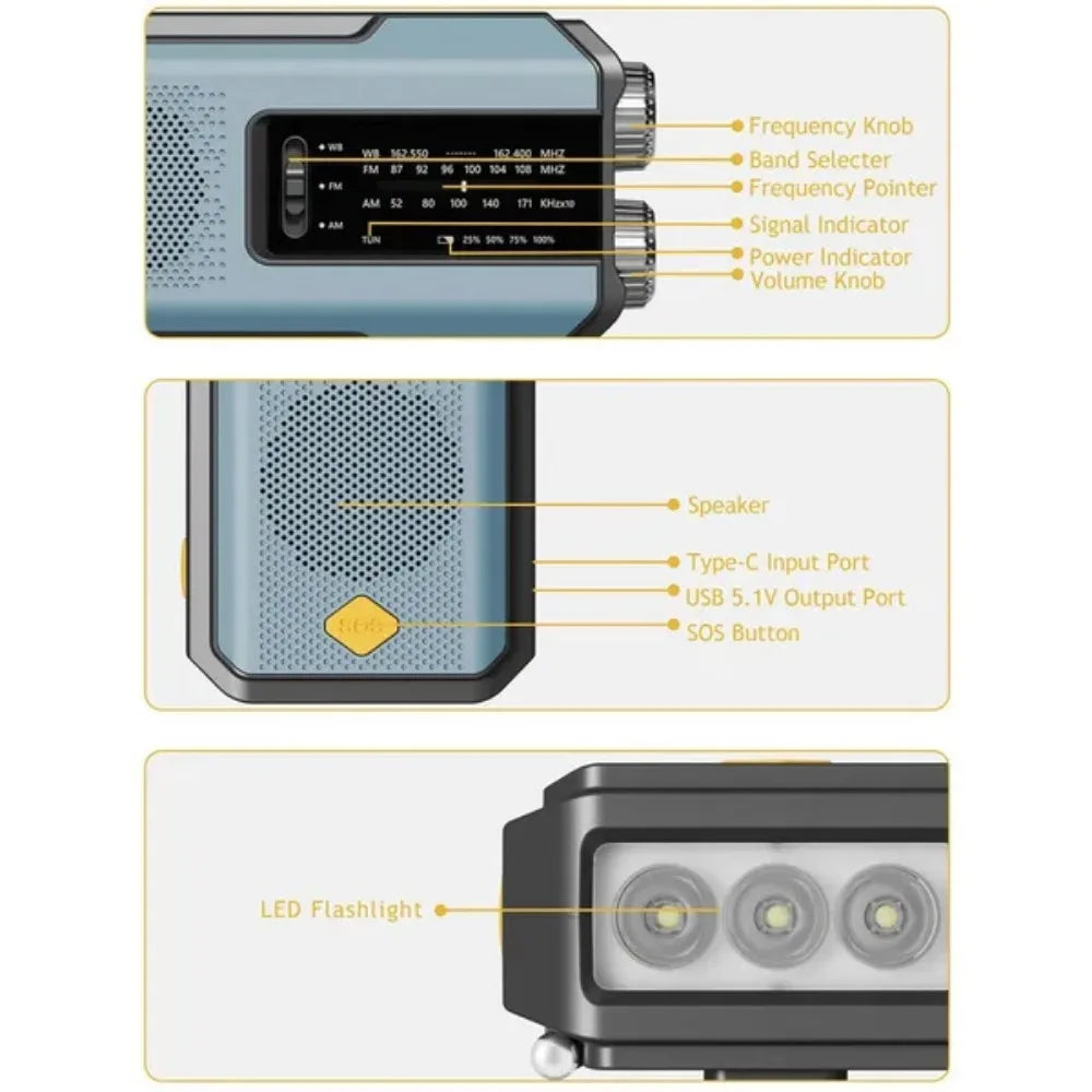 Stonigo Solar Hand Crank Emergency Radio With Power Bank Flashlight