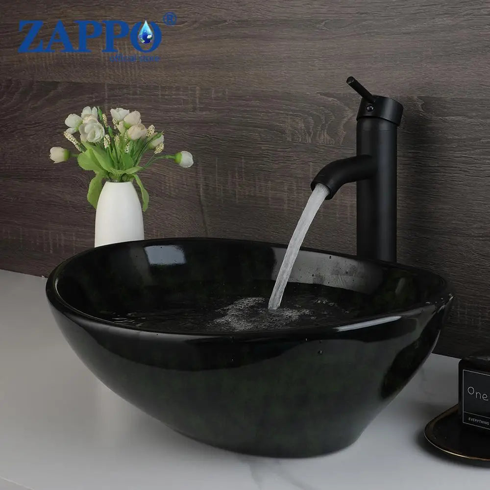 MEKKHALA Round Ceramic Vessel Sink Set Antique Brass Waterfall Faucet