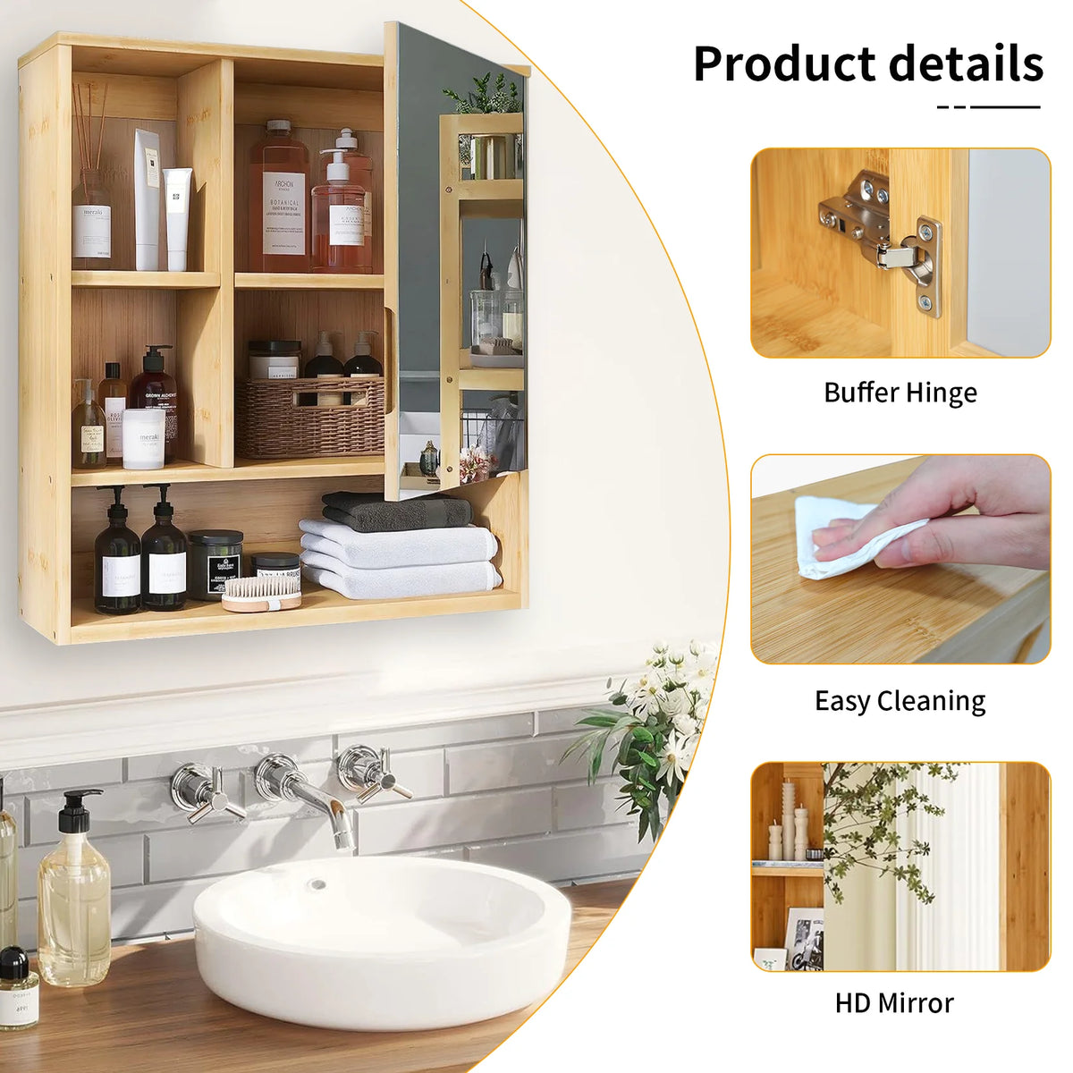 Wisfor Bamboo Bathroom Cabinet With Mirror And Medicine Storage Shelves
