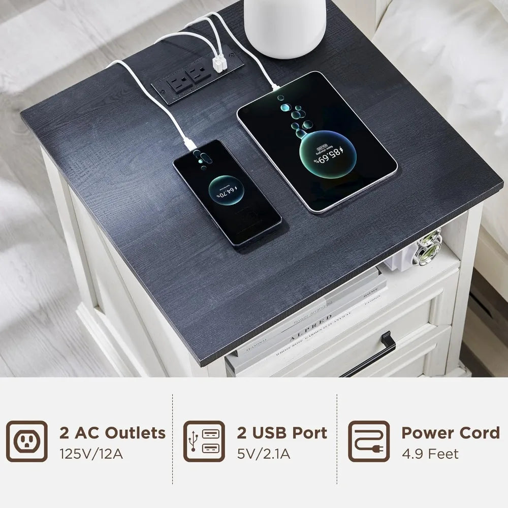 Farmhouse Nightstands Set of 2 With Drawers and Charging Station